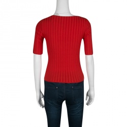Pre Owned Tory Burch Spark Red Cotton Rib Knit Short Sleeve Top S