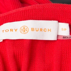 Pre Owned Tory Burch Spark Red Cotton Rib Knit Short Sleeve Top S