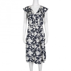 Pre Owned Tory Burch Navy Blue and White Floral Printed Cap Sleeve Victoria Dress M