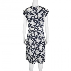 Pre Owned Tory Burch Navy Blue and White Floral Printed Cap Sleeve Victoria Dress M