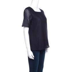 مملوكة مسبقًا Tory Burch Navy Blue Cutout Zigzag Pattern Short Sleeve Lace Top S