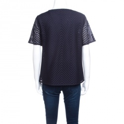مملوكة مسبقًا Tory Burch Navy Blue Cutout Zigzag Pattern Short Sleeve Lace Top S