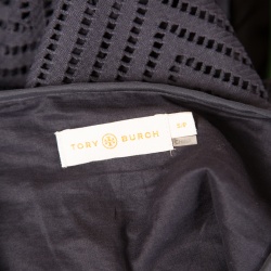 مملوكة مسبقًا Tory Burch Navy Blue Cutout Zigzag Pattern Short Sleeve Lace Top S