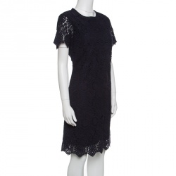 Pre Owned Tory Burch Navy Blue Floral Embroidered Lace Short Sleeves Dress M