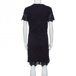 Pre Owned Tory Burch Navy Blue Floral Embroidered Lace Short Sleeves Dress M