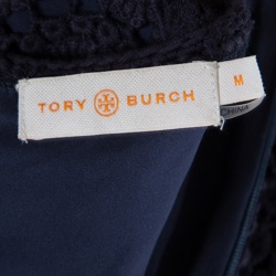 Pre Owned Tory Burch Navy Blue Floral Embroidered Lace Short Sleeves Dress M