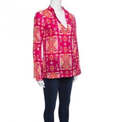 Pre Owned Tory Burch Pink Printed Cotton Embellished Long Sleeve Top S