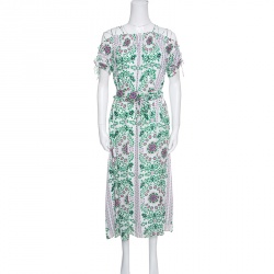 Pre Owned Tory Burch Floral Garden Party Printed Silk Belted Asilomar Midi Dress S
