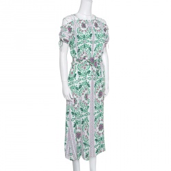 Pre Owned Tory Burch Floral Garden Party Printed Silk Belted Asilomar Midi Dress S