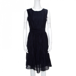 Tory Burch Navy Blue Linen and Silk Pleated Sleeveless Hildy Dress S