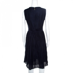 Tory Burch Navy Blue Linen and Silk Pleated Sleeveless Hildy Dress S