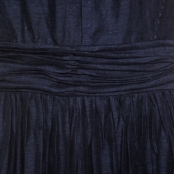 Tory Burch Navy Blue Linen and Silk Pleated Sleeveless Hildy Dress S