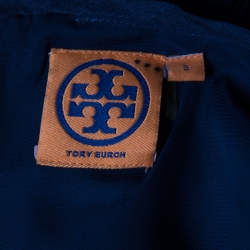 Tory Burch Navy Blue Linen and Silk Pleated Sleeveless Hildy Dress S