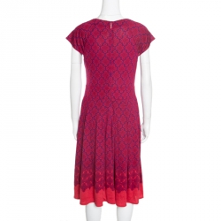 Tory Burch Purple and Red Floral Printed Silk Jersey Pleated Cap Sleeve Dress M