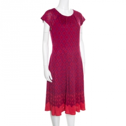 Tory Burch Purple and Red Floral Printed Silk Jersey Pleated Cap Sleeve Dress M
