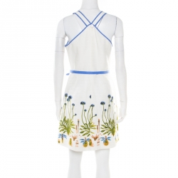 Pre Owned Tory Burch White Cotton and Linen Cornflower Embroidered Emilia Dress M