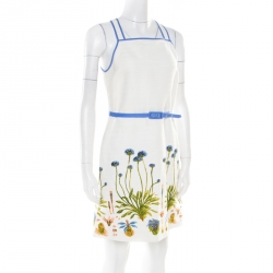 Pre Owned Tory Burch White Cotton and Linen Cornflower Embroidered Emilia Dress M