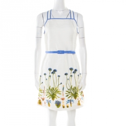 Pre Owned Tory Burch White Cotton and Linen Cornflower Embroidered Emilia Dress M
