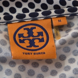 Pre Owned Tory Burch Navy Blue and Off White Polka Dotted Silk Jersey Epaulette Detail Dress M