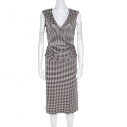 Pre Owned Tory Burch Navy Blue and Off White Polka Dotted Silk Jersey Epaulette Detail Dress M