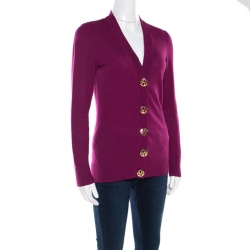 Pre Owned Tory Burch Purple Merino Wool Logo Button Detail Ribbed Trim Cardigan M