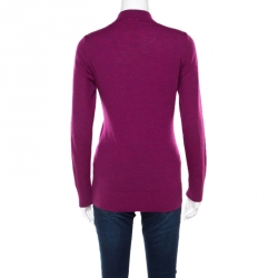 Pre Owned Tory Burch Purple Merino Wool Logo Button Detail Ribbed Trim Cardigan M