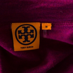 Pre Owned Tory Burch Purple Merino Wool Logo Button Detail Ribbed Trim Cardigan M