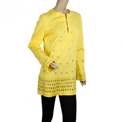 Pre Owned Tory Burch Yellow Embellished Tunic Top M