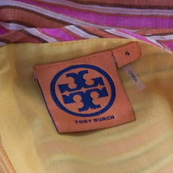 Pre Owned Tory Burch Orange and Pink Striped Linen A Line Dress S