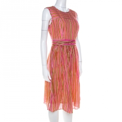 Pre Owned Tory Burch Orange and Pink Striped Linen A Line Dress S
