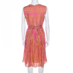 Pre Owned Tory Burch Orange and Pink Striped Linen A Line Dress S