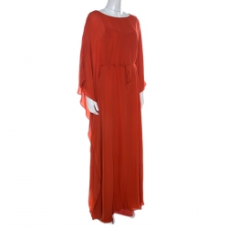 Tory Burch Orange Silk Blaze Maxi Kaftan Dress S