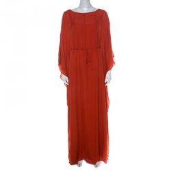 Tory Burch Orange Silk Blaze Maxi Kaftan Dress S