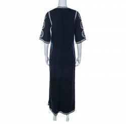 Pre Owned Tory Burch Navy Blue Cotton Mirror Embroidered Kaftan Dress S
