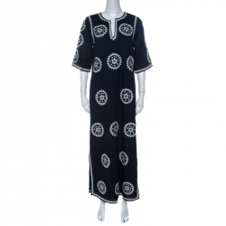 Pre Owned Tory Burch Navy Blue Cotton Mirror Embroidered Kaftan Dress S