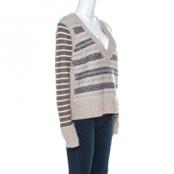 Pre Owned Tory Burch Beige Knit Striped Sleeve Sweater L 