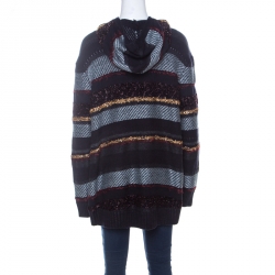 Pre Owned Tory Burch Navy Blue Metallic Multi-Weave Striped Merino Wool Danielle Hoodie L