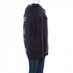 Pre Owned Tory Burch Navy Blue Metallic Multi-Weave Striped Merino Wool Danielle Hoodie L