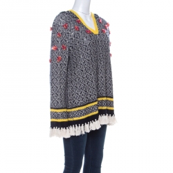 Pre Owned Tory Burch Black & White Geometric Pattern Linen Flower Detail Knit Hooded Sweater L