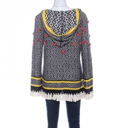 Pre Owned Tory Burch Black & White Geometric Pattern Linen Flower Detail Knit Hooded Sweater L