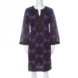 Pre Owned Tory Burch Purple and Brown Floral Print Cotton Safo Tunic XL