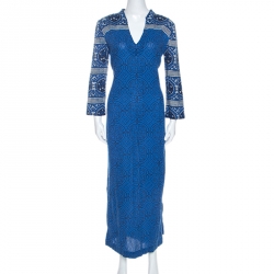 Tory Burch Blue Printed Cotton Long Sleeve Maxi Dress M