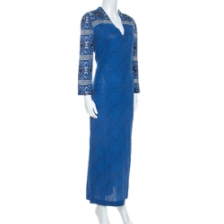 Tory Burch Blue Printed Cotton Long Sleeve Maxi Dress M