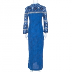Tory Burch Blue Printed Cotton Long Sleeve Maxi Dress M