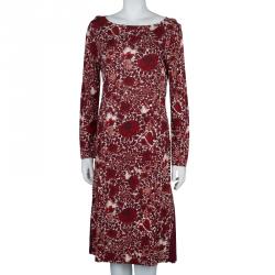 Pre Owned Tory Burch Red Jersey Floral Printed Long Sleeve Dress M