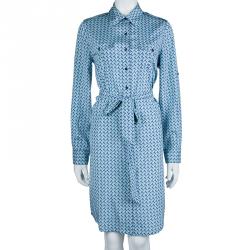 Pre Owned Tory Burch Blue Printed Silk Belted Long Sleeve Dress M