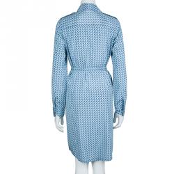 Pre Owned Tory Burch Blue Printed Silk Belted Long Sleeve Dress M