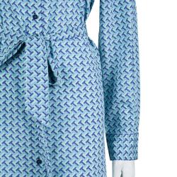 Pre Owned Tory Burch Blue Printed Silk Belted Long Sleeve Dress M