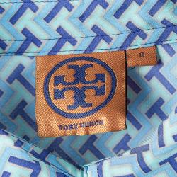 Pre Owned Tory Burch Blue Printed Silk Belted Long Sleeve Dress M