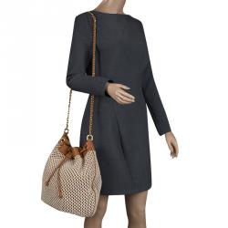 Pre Owned Tory Burch Brown Fabric and Leather Adalyn Bucket Bag